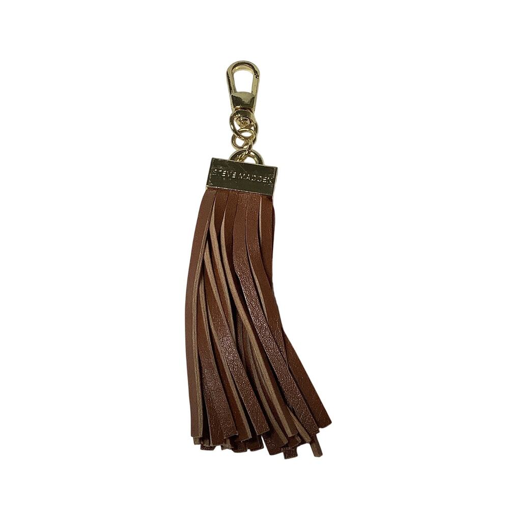 Steve Madden Gold Tone Brown Leather Tassel Keychain Bag Charm Boho Chic A5-44